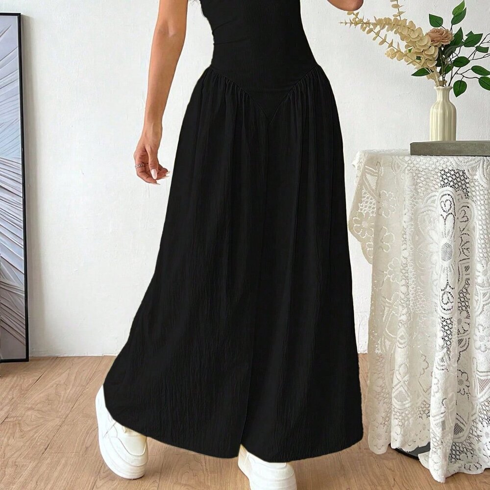 Black Women's French Deep V-Neck Sexy Halter Tie-Up Splice Ruched Waist Dress - Picture 3 of 5